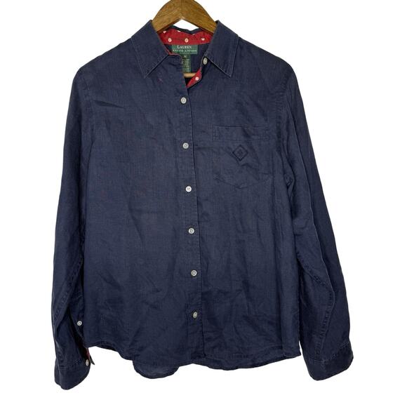 Lauren Ralph Lauren Tops - Ralph Lauren Navy Linen Shirt Medium Polka Dot Trim Coastal Preppy Women's